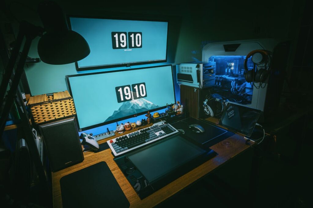Description: Low-light Photography of Computer Gaming Rig Set